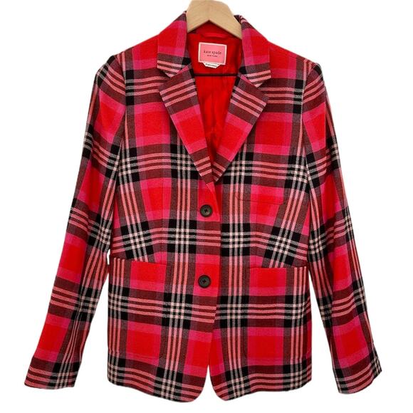 KATE SPADE $428 Wool Blend Fall Red & Black Plaid Stripe Blazer Jacket – Size 8 - Picture 2 of 16